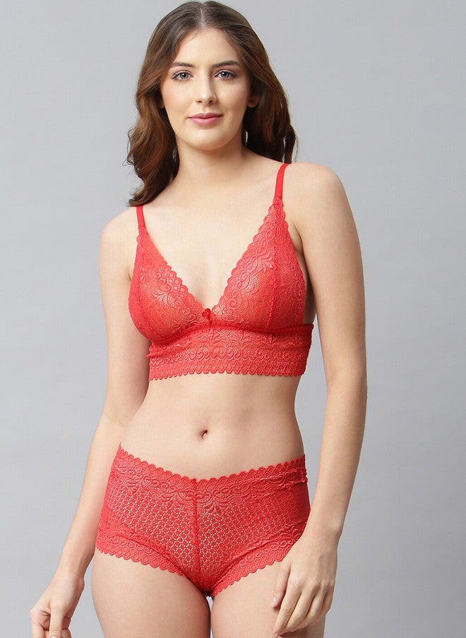 CUKOO Women Red Self-Design Lace Lingerie Set BP21-024-Red - Image 2